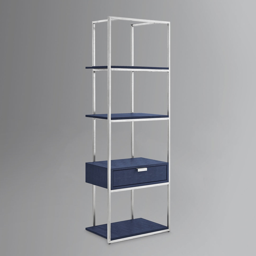 68" Navy Blue Stainless Steel Four Tier Etagere Bookcase with a drawer Image 11