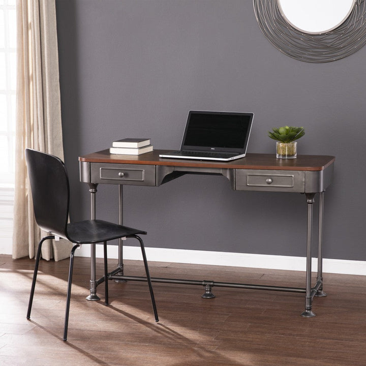 50" Brown And Silver Writing Desk With Two Drawers Image 1