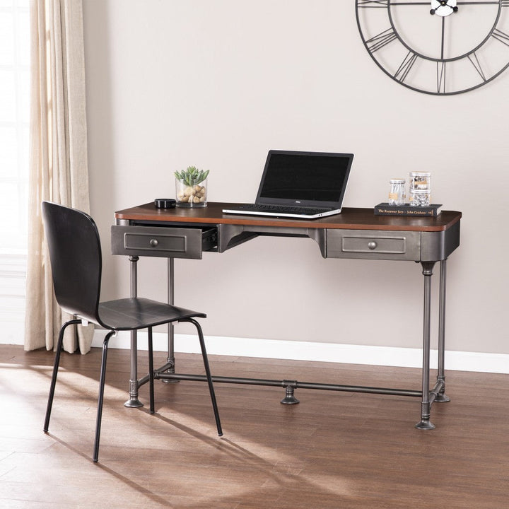 50" Brown And Silver Writing Desk With Two Drawers Image 3