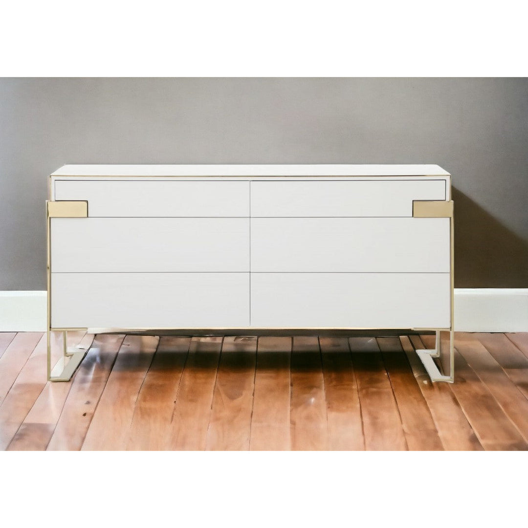 60" White Champagne Gold Solid And Manufactured Wood Six Drawer Dresser Image 6