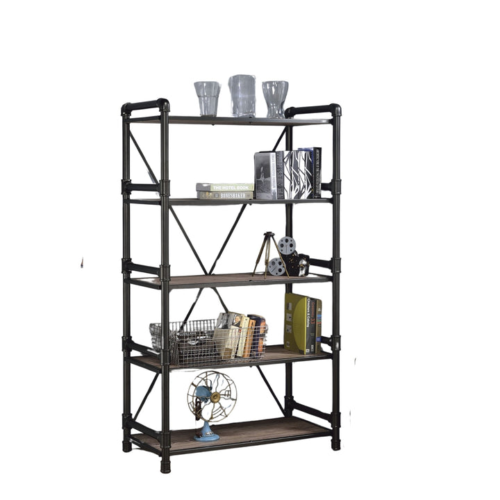 72" Rustic Oak Distressed Metal and Wood Five Tier Etagere Bookcase Image 1