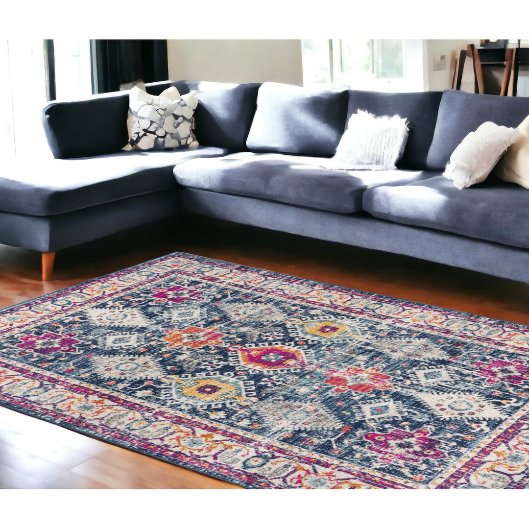 12 Runner Blue and Ivory Oriental Runner Rug Image 1