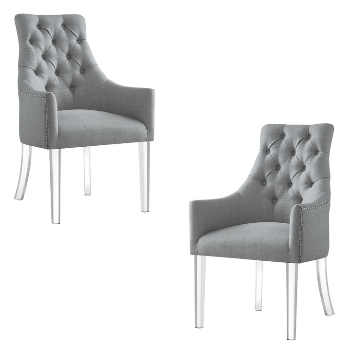 Set of Two Tufted Light Gray and Clear Upholstered Linen Dining Arm Chairs Image 3