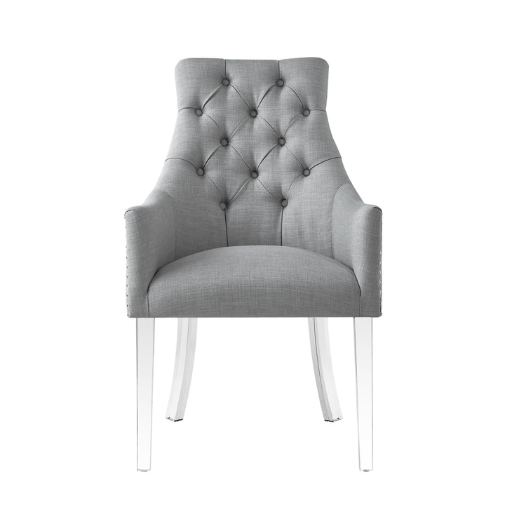 Set of Two Tufted Light Gray and Clear Upholstered Linen Dining Arm Chairs Image 5