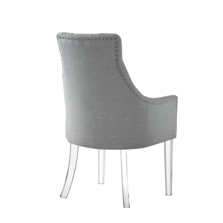 Set of Two Tufted Light Gray and Clear Upholstered Linen Dining Arm Chairs Image 7