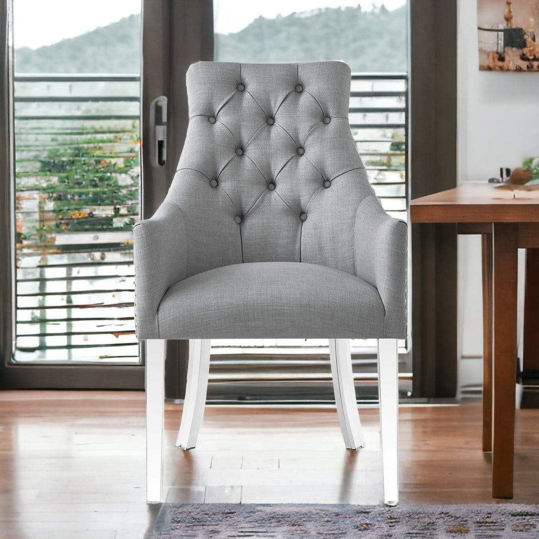 Set of Two Tufted Light Gray and Clear Upholstered Linen Dining Arm Chairs Image 10