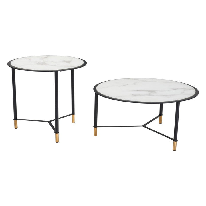 Set Of Two 32" Black And White Faux Marble Glass Round Coffee Tables Image 5