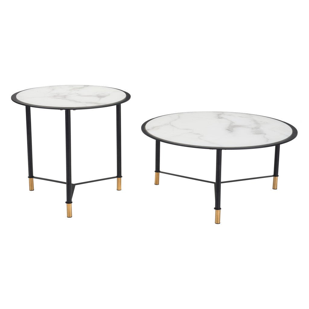 Set Of Two 32" Black And White Faux Marble Glass Round Coffee Tables Image 10