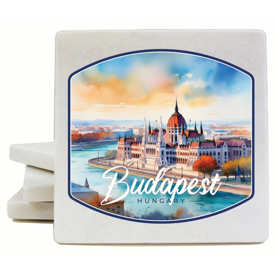 Budapest Hungary Watercolor Cityscape Design Souvenir 4x4-Inch Coaster Marble 4 Pack Image 1