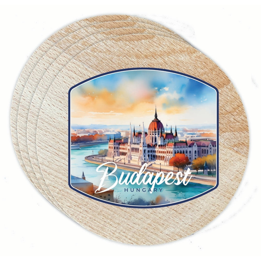 Budapest Hungary Watercolor Cityscape Design Souvenir Coaster Wooden 3.5 x 3.5-Inch 4 Pack Image 1