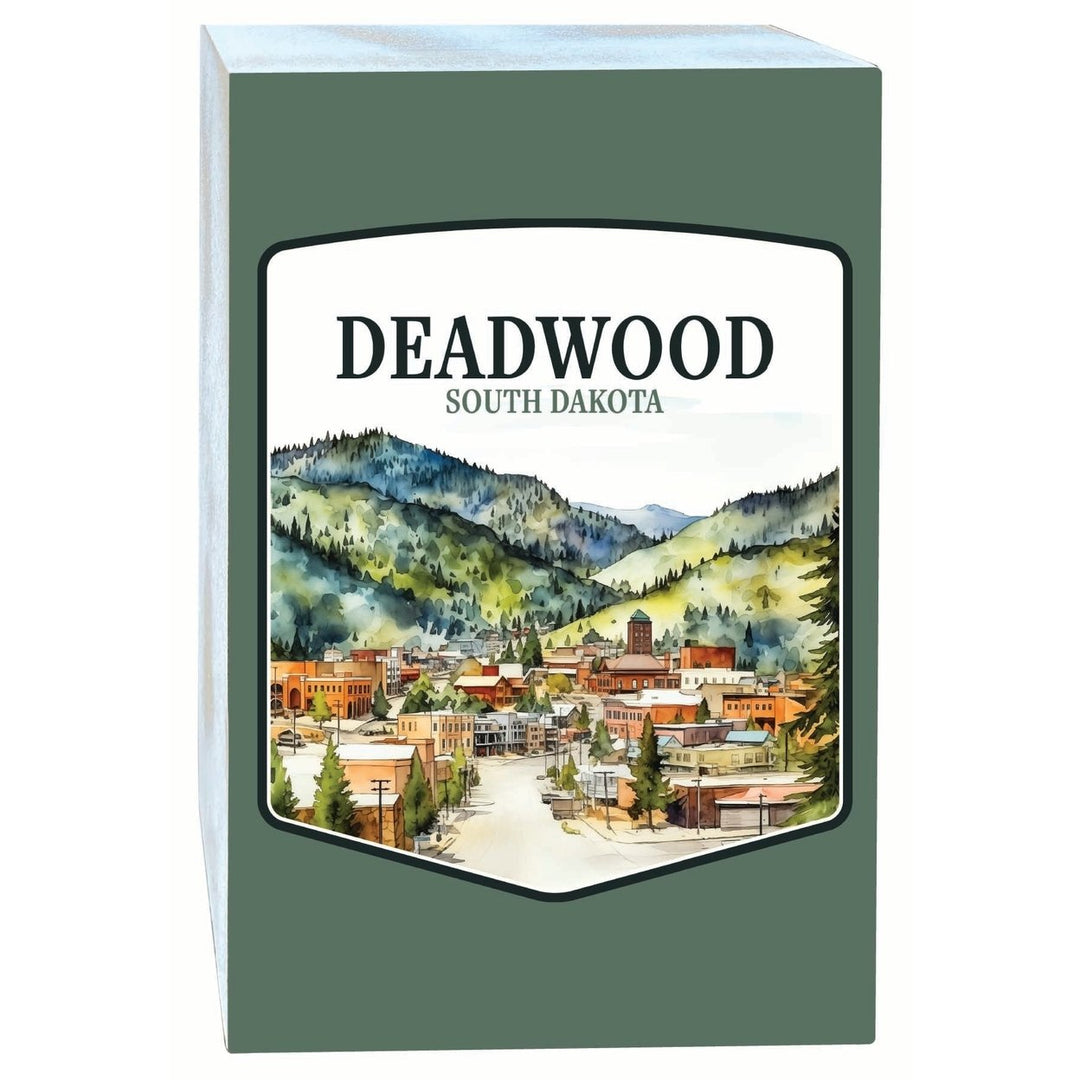 Deadwood South Dakota Watercolor Cityscape Design Souvenir Wood sign with frame 5x7 Image 1