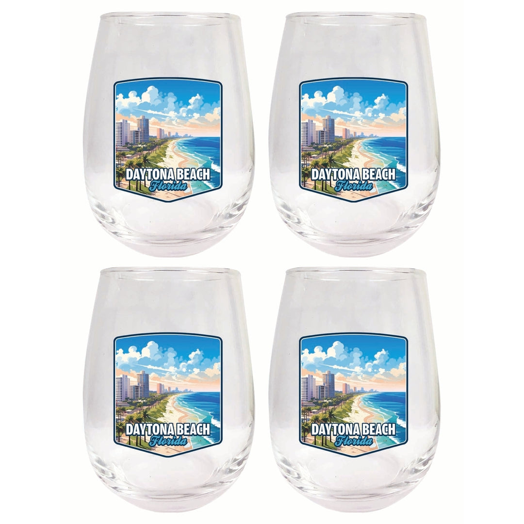 Daytona Beach Florida Ocean Shoreline Design Souvenir 15 oz Stemless Wine Glass 4-Pack Image 1