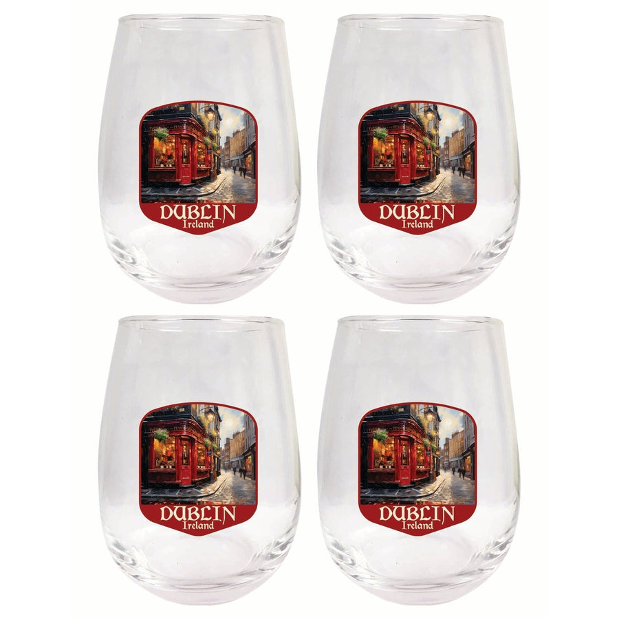 Dublin Ireland Red Pub Design Souvenir 15 oz Stemless Wine Glass 4-Pack Image 1