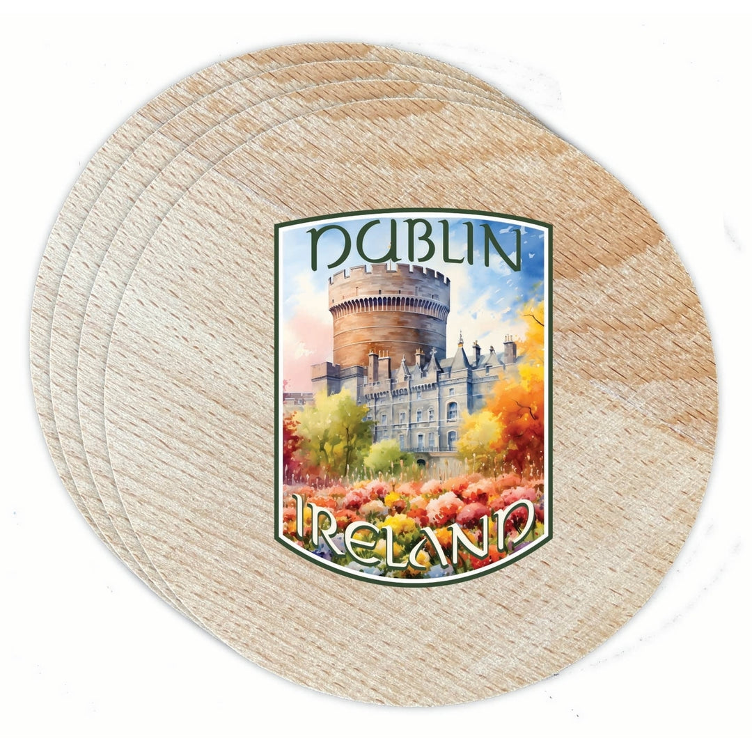 Dublin Ireland Watercolor Dublin Castle Design Souvenir Coaster Wooden 3.5 x 3.5-Inch 4 Pack Image 1