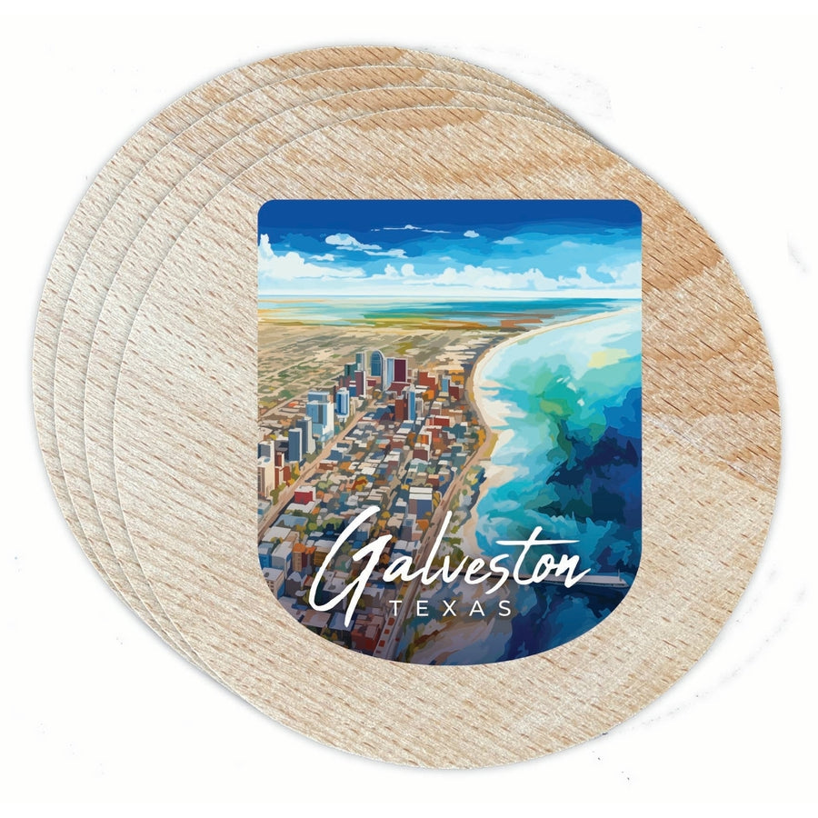 Glaveston Texas Aerial Painting Design Souvenir Coaster Wooden 3.5 x 3.5-Inch 4 Pack Image 1