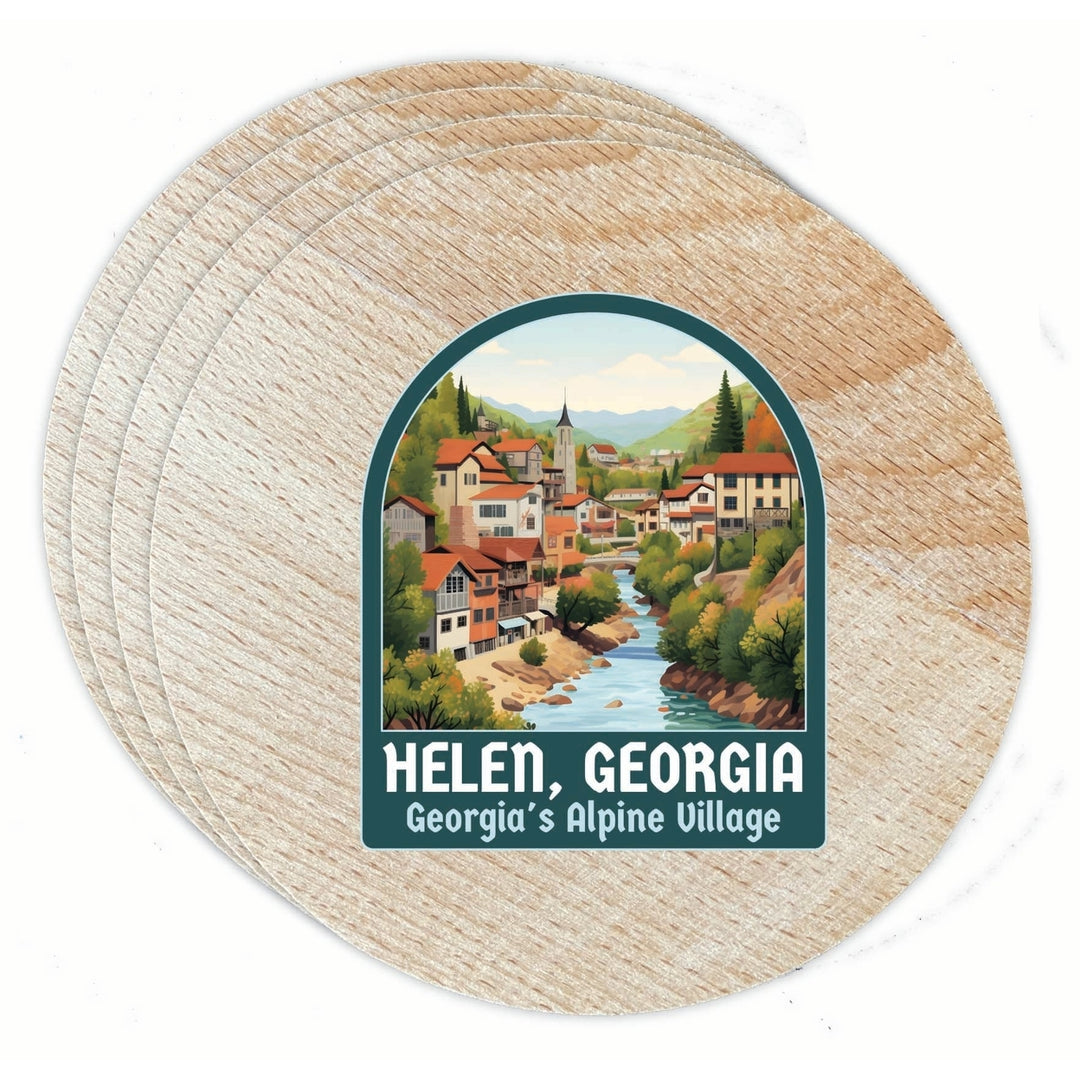 Helen Georgia Alpine Village Design Souvenir Coaster Wooden 3.5 x 3.5-Inch 4 Pack Image 1