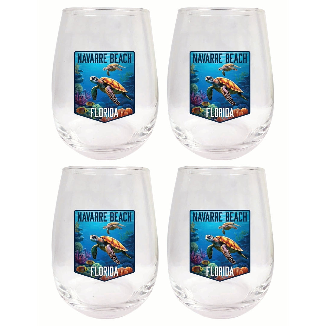 Navarre Beach Florida Underwater Turtle Design Souvenir 15 oz Stemless Wine Glass 4-Pack Image 1