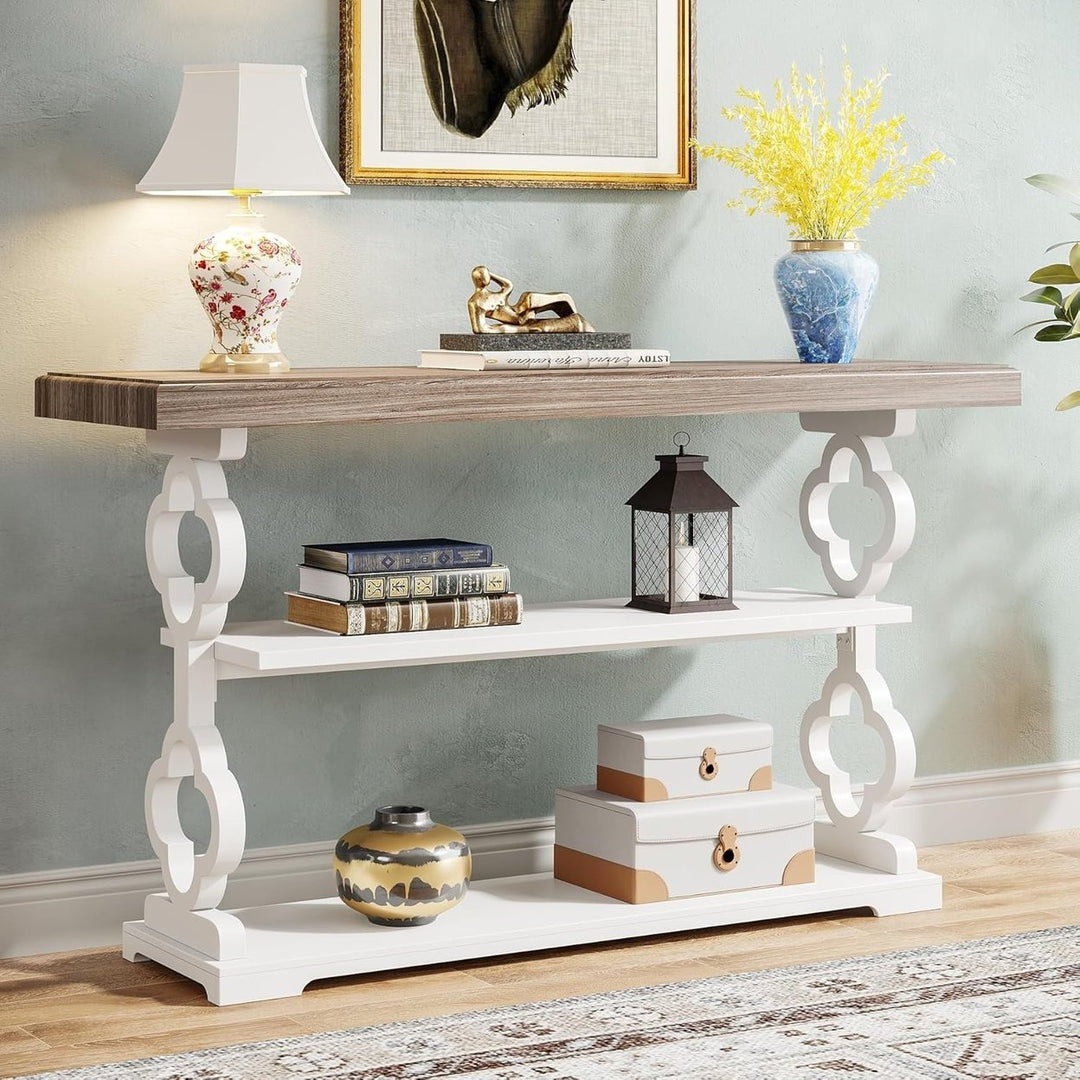 Tribesigns 55 inch Farmhouse Console Table, Long Sofa Table with Storage Shelves, 3 Tier Wood Accent Table Image 1