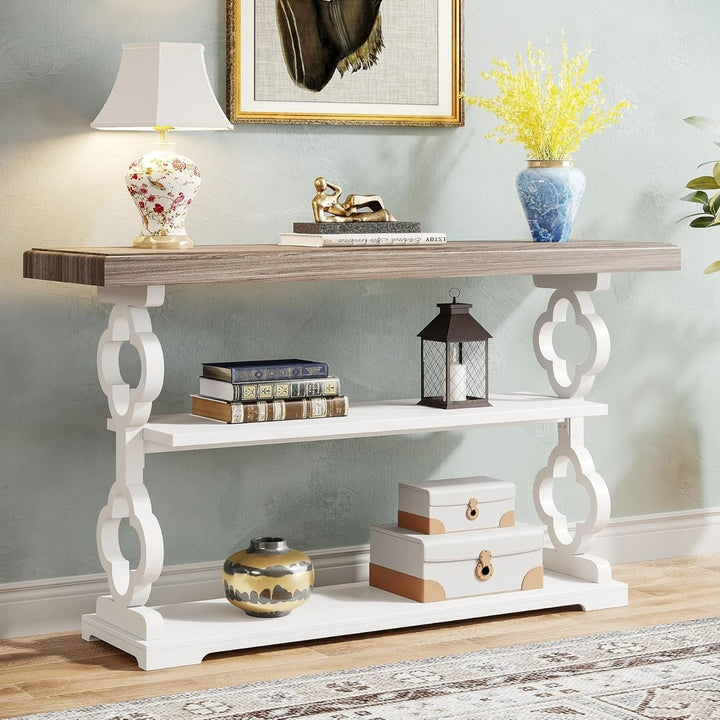 Tribesigns 55 inch Farmhouse Console Table, Long Sofa Table with Storage Shelves, 3 Tier Wood Accent Table Image 1