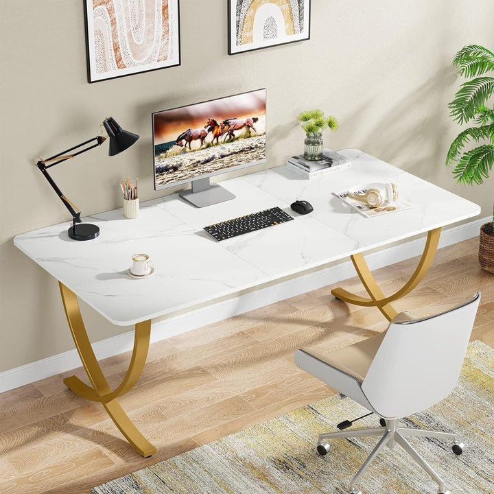 Tribesigns 63" Modern Executive Desk White Gold Faux Marble Large Office Desk Image 2