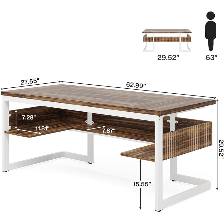 Tribesigns 63" Executive Desk Modern Vintage White Frame with Storage Shelf Image 6