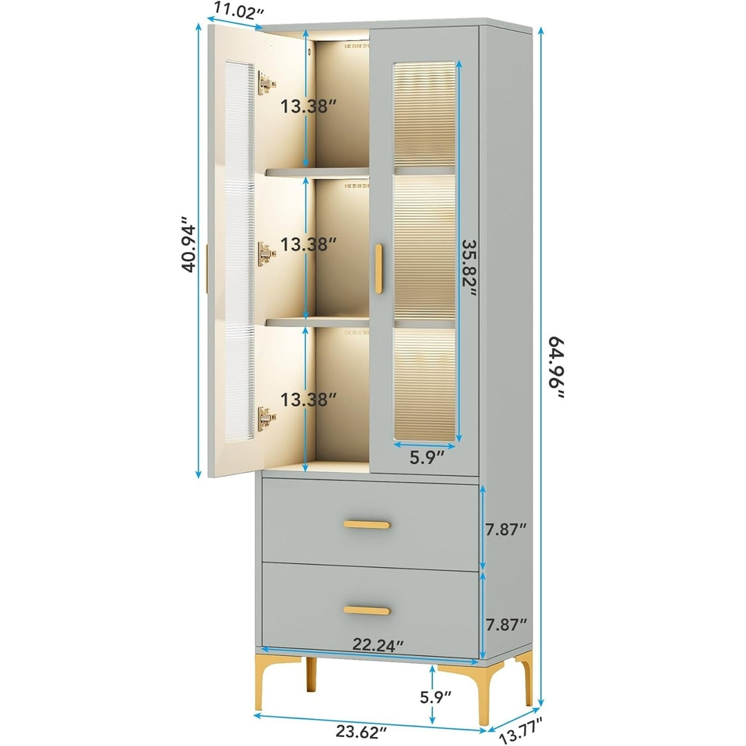 Tribesigns Gray Bookcase with Doors and LED Light,with 2 Drawers, Freestanding Tall Storage Cabinet for Living Room Image 7