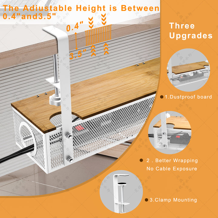 White No Drilling Under Desk Cable Management Box Clamp Mount Organizer Tray Image 3