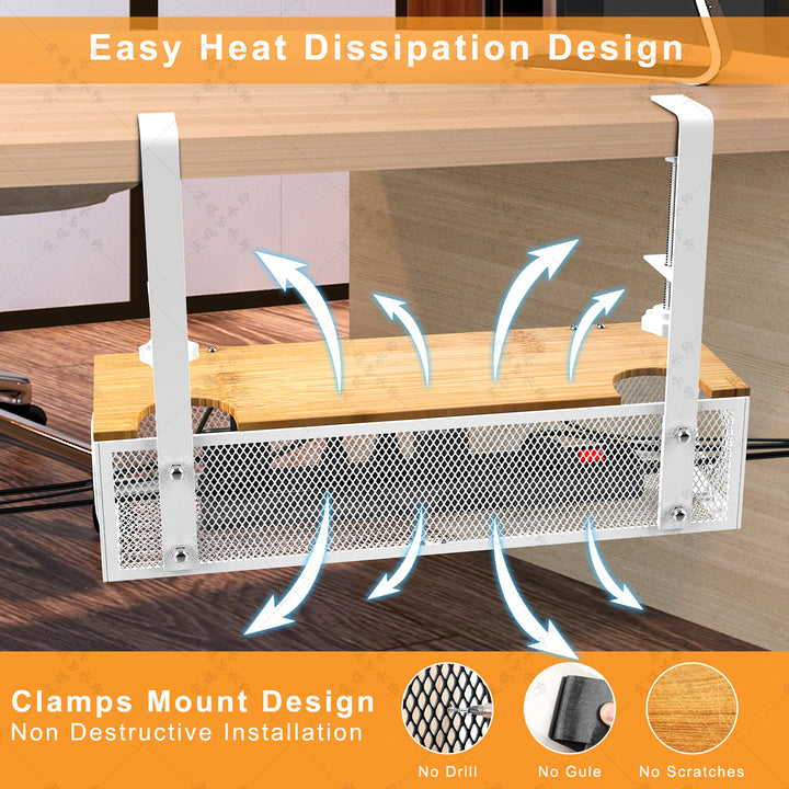 White No Drilling Under Desk Cable Management Box Clamp Mount Organizer Tray Image 4