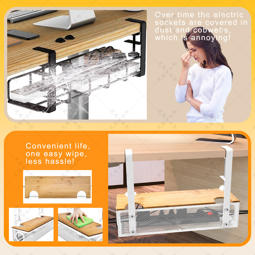 White No Drilling Under Desk Cable Management Box Clamp Mount Organizer Tray Image 7