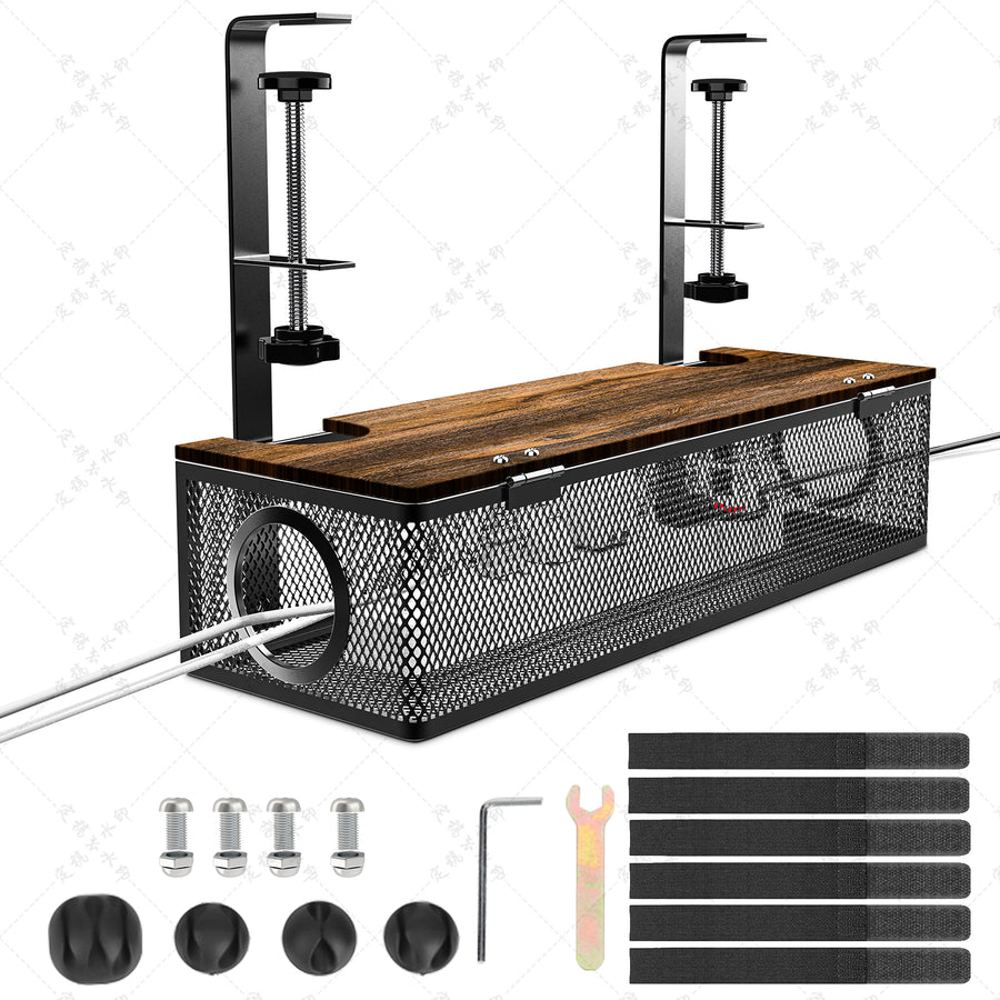 Black No Drilling Under Desk Cable Management Box Tray with Metal Under Desk Wire Management Box Clamp Mount Under Table Image 1