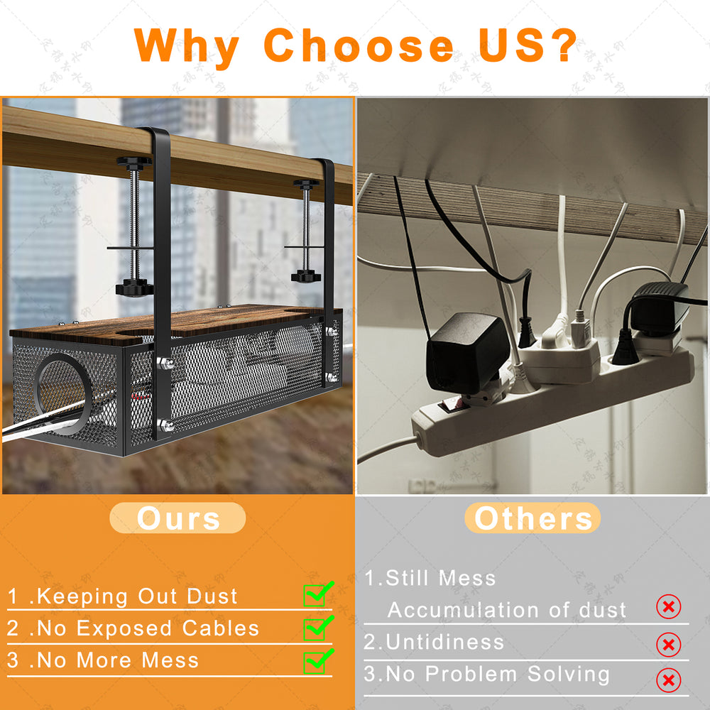 Black No Drilling Under Desk Cable Management Box Tray with Metal Under Desk Wire Management Box Clamp Mount Under Table Image 2