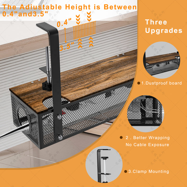 Black No Drilling Under Desk Cable Management Box Tray with Metal Under Desk Wire Management Box Clamp Mount Under Table Image 3