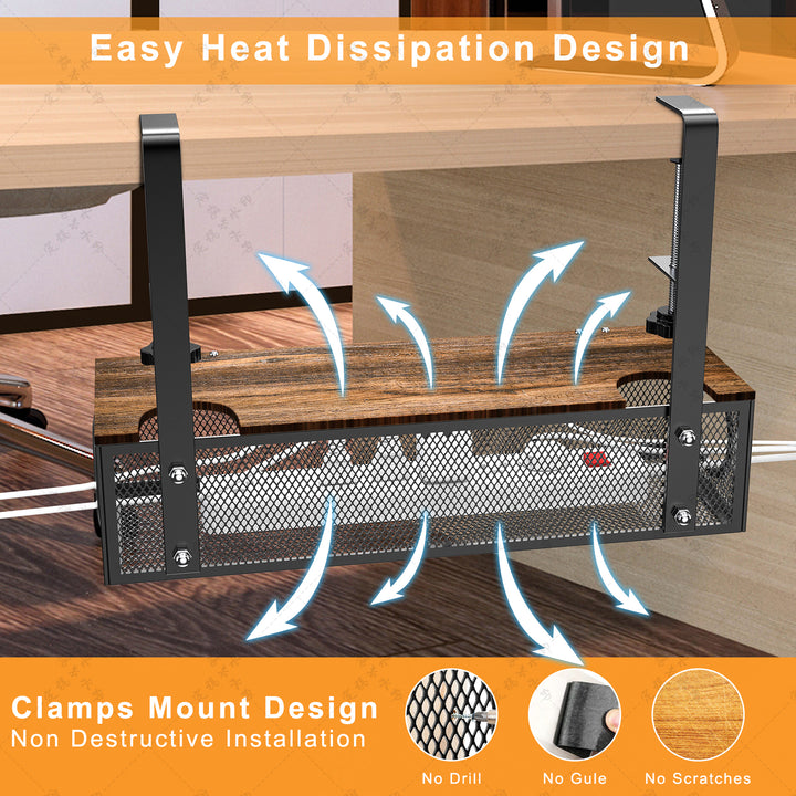 Black No Drilling Under Desk Cable Management Box Tray with Metal Under Desk Wire Management Box Clamp Mount Under Table Image 4