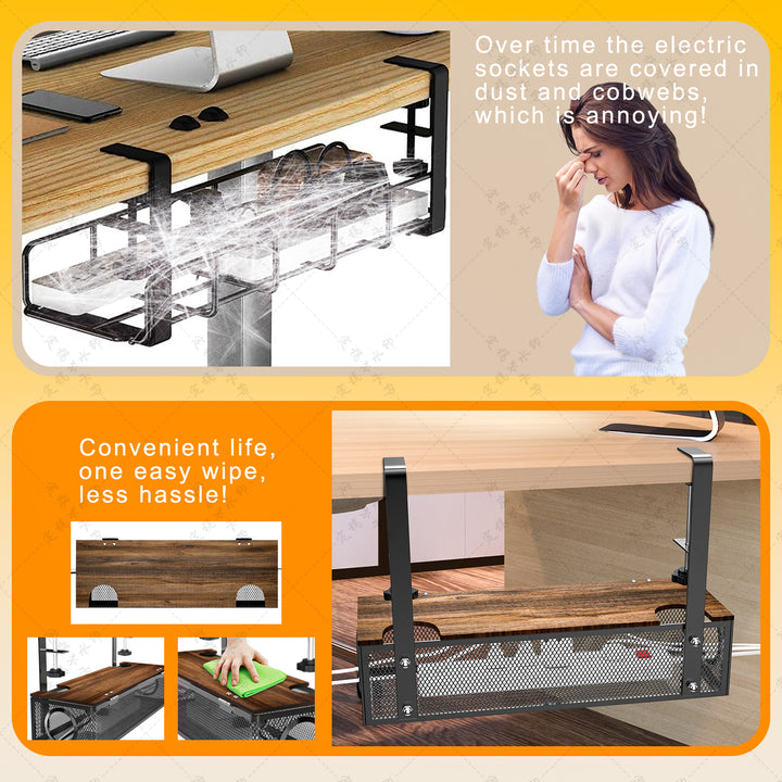 Black No Drilling Under Desk Cable Management Box Tray with Metal Under Desk Wire Management Box Clamp Mount Under Table Image 7