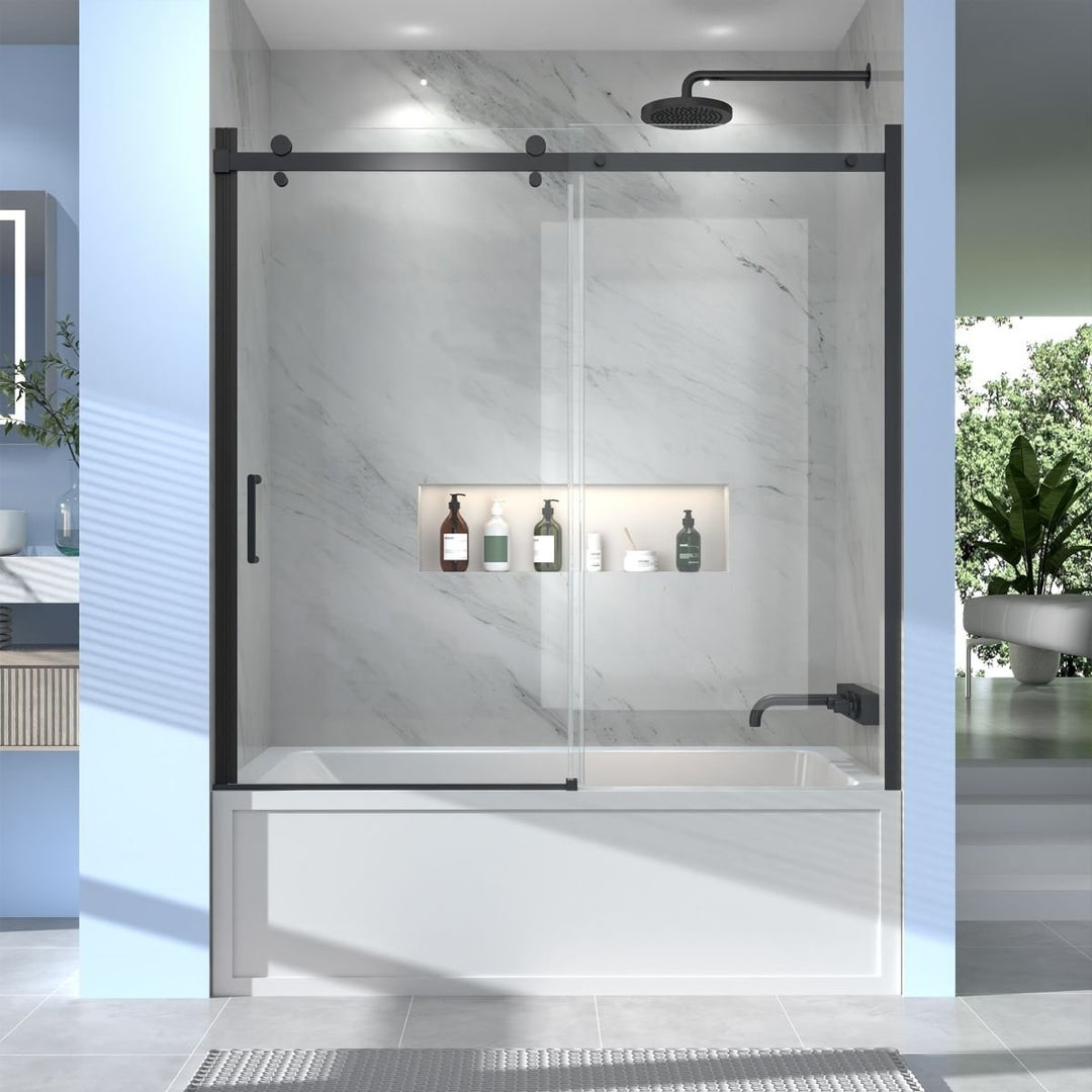 Zephyr 56-60" Semi-Frameless Single Sliding Tub Door,Matte Black,Bypass Bathtub Shower Tempered Glass Door with Image 1