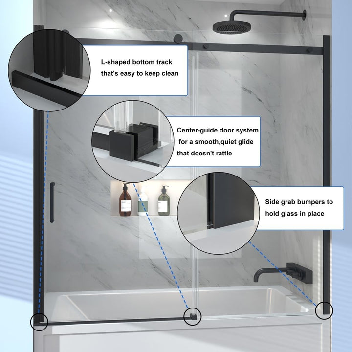 Zephyr 56-60" Semi-Frameless Single Sliding Tub Door,Matte Black,Bypass Bathtub Shower Tempered Glass Door with Image 4