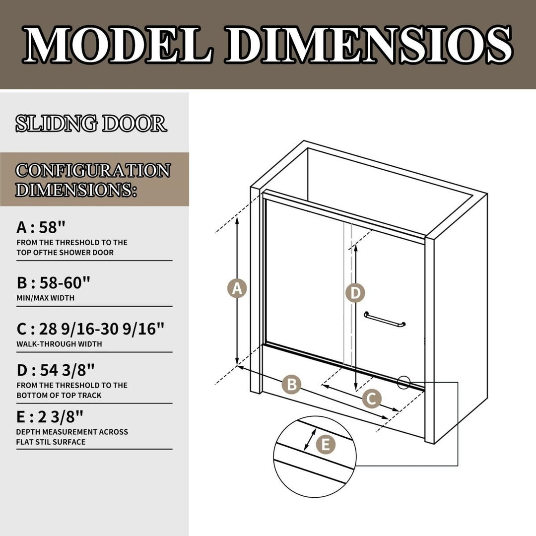 ArcGrace 58-60 in.Semi-Frameless Double Sliding Tub Door,Bypass Bathtub Shower Tempered Glass Door,Matte Image 2