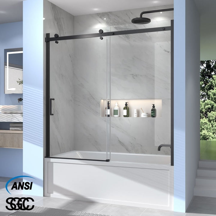 Zephyr 56-60" Semi-Frameless Single Sliding Tub Door,Matte Black,Bypass Bathtub Shower Tempered Glass Door with Image 10