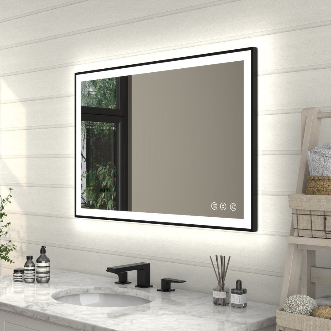 Apex-Noir 24x36 Framed LED Bathroom Mirror Matte Black Anti-Fog Tempered Glass Image 1