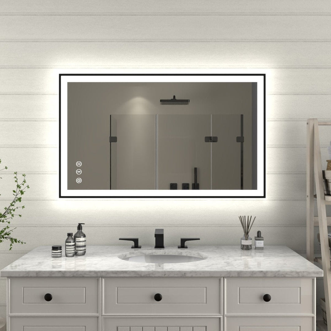 Apex-Noir 40x24 Framed LED Lighted Bathroom Mirror Anti-Fog Matte Black Frame Image 1