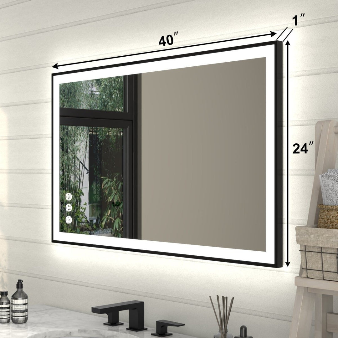 Apex-Noir 40x24 Framed LED Lighted Bathroom Mirror Anti-Fog Matte Black Frame Image 2