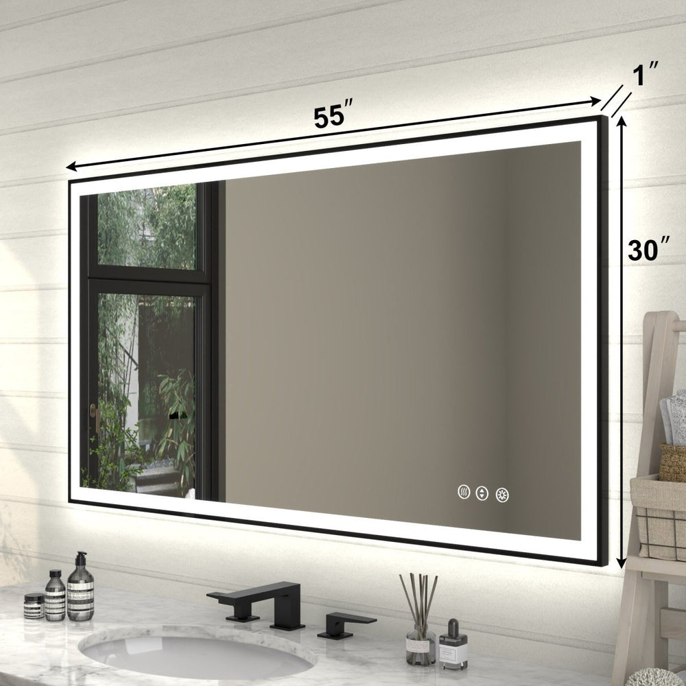 Apex-Noir 55x30 Framed LED Bathroom Mirror Matte Black Anti-Fog Dimmable Image 2