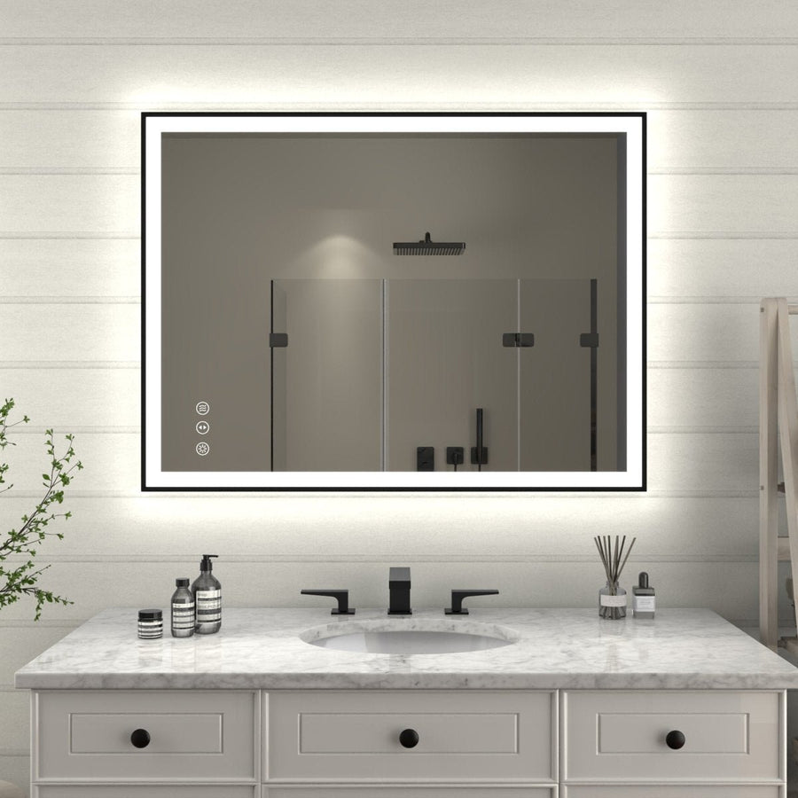 Apex-Noir 40x30 Framed LED Lighted Bathroom Mirror with Matte Black Frame Image 1