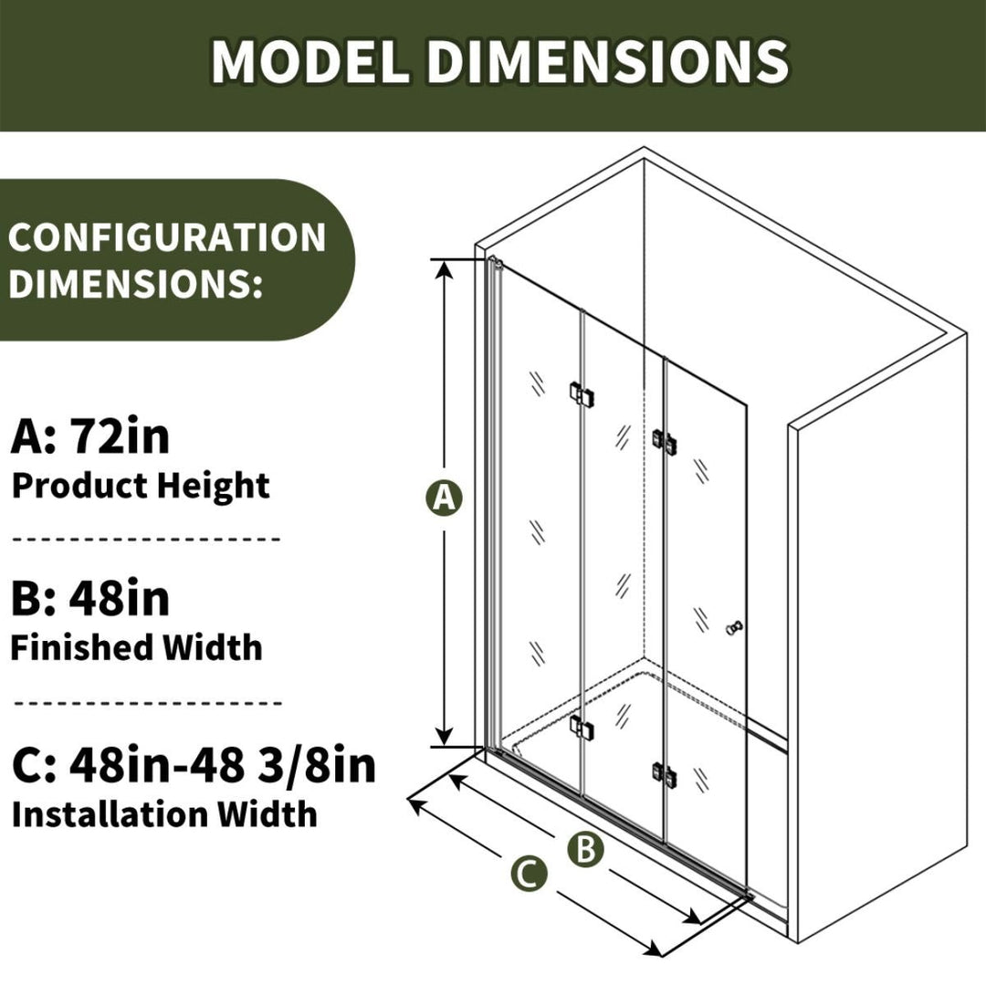 Exbrite Trio 48-48.3" W x 72" H Bifold Shower Screen for Shower,Matte Black,Clear Glass,Pivot Swing Frameless Shower Image 2