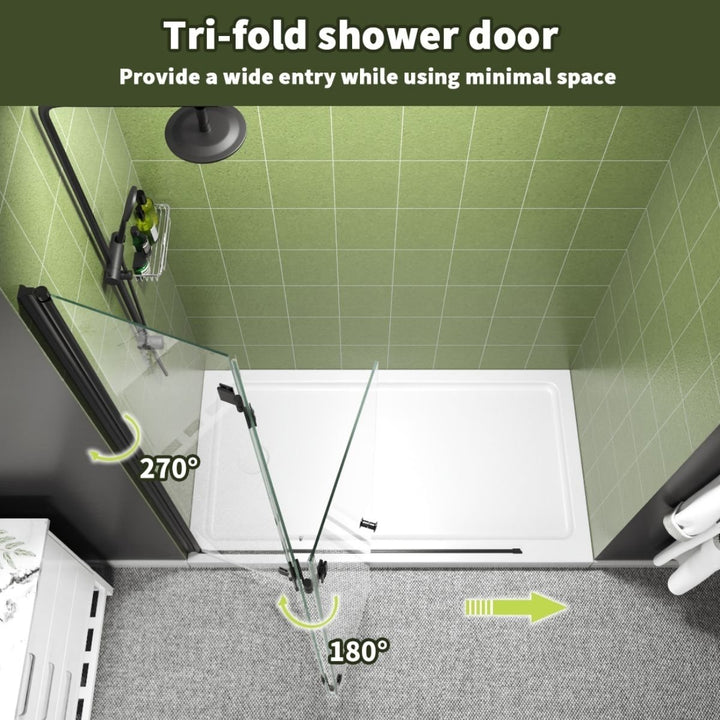 Exbrite Trio 48-48.3" W x 72" H Bifold Shower Screen for Shower,Matte Black,Clear Glass,Pivot Swing Frameless Shower Image 10