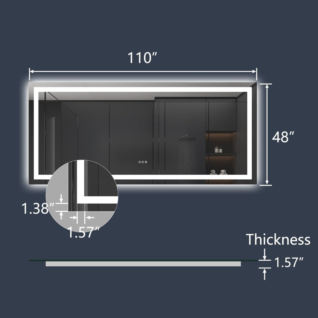 Apex 110" W x 48" H Lighted Bathroom Large Light Led Mirror,Anti Fog,Dimmable,Dual Lighting Mode,Tempered Glass Image 2