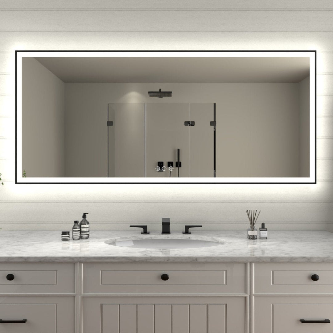 Apex-Noir 72x32 Framed LED Lighted Bathroom Mirror Matte Black Anti-Fog Image 1