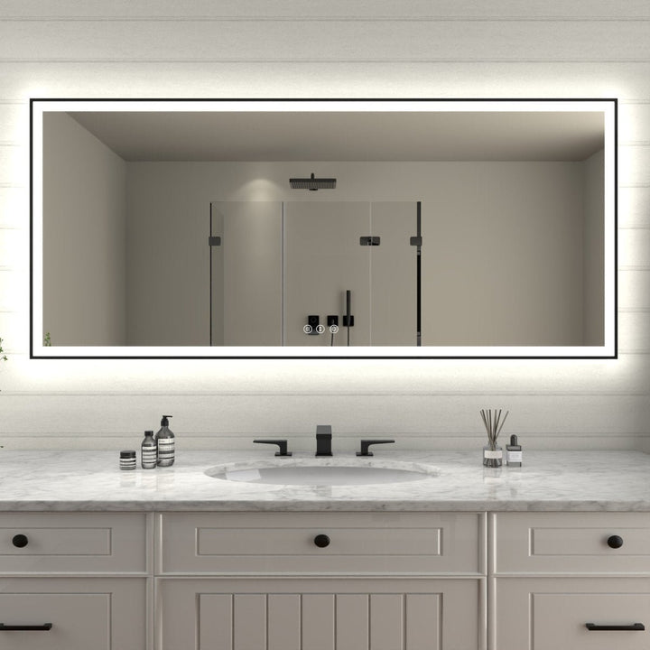 Apex-Noir 72x32 Framed LED Lighted Bathroom Mirror Matte Black Anti-Fog Image 1