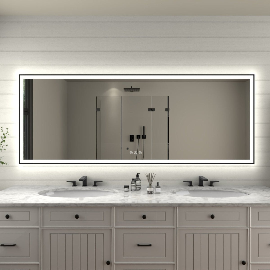 Apex-Noir 84"x32" LED Lighted Bathroom Mirror Matte Black Frame Defogging Image 1