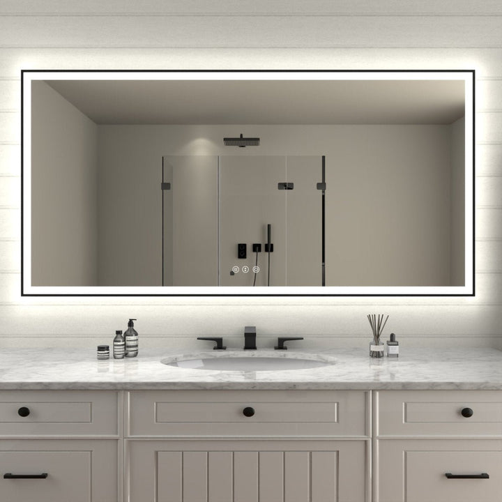 Apex-Noir 72x36 Framed LED Bathroom Mirror Matte Black Anti-Fog Adjustable Brightness Image 1